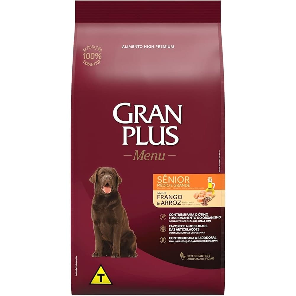 Racao Gran Plus Menu Cães Senior Raças Médias e Grandes Frango e Arroz 15kg