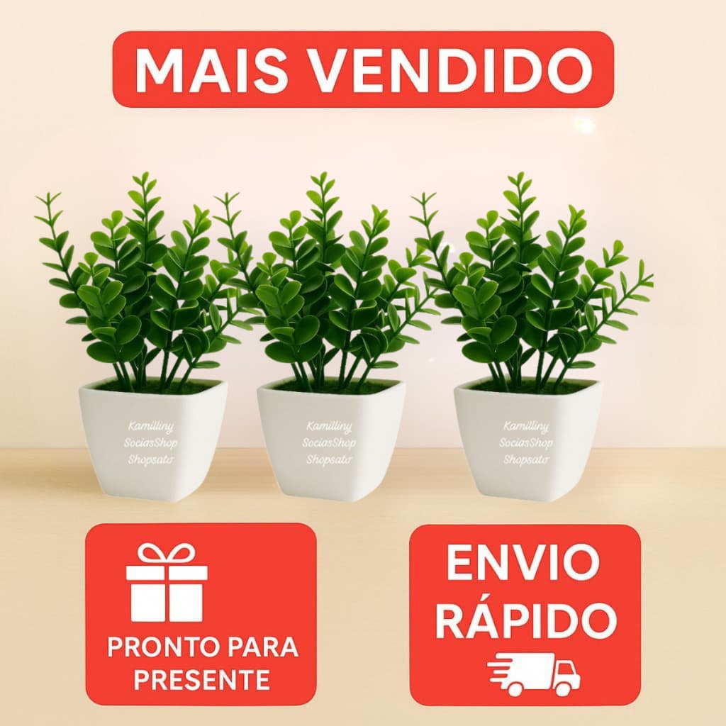 Vaso com Ramo de Eucalipto Artificial Buchinho + Vasinho quadrado de musgo Branco Decoração Enfeite para casa 