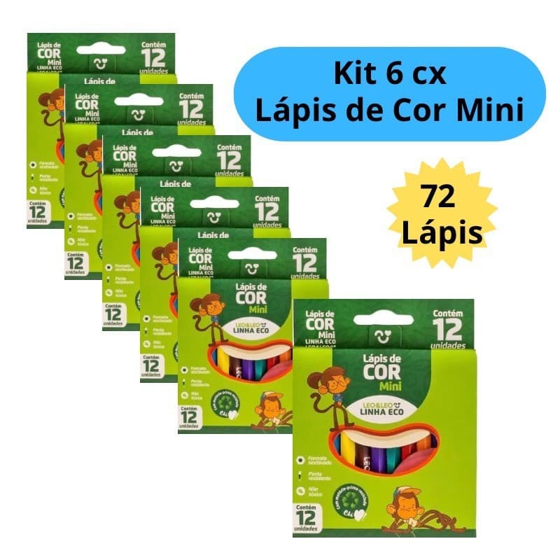 Kit 6 Caixas de Lápis de Cor Mini Caixa com 12 Cores cada Escolar Kit Festa Lembracinha Leo&Leo