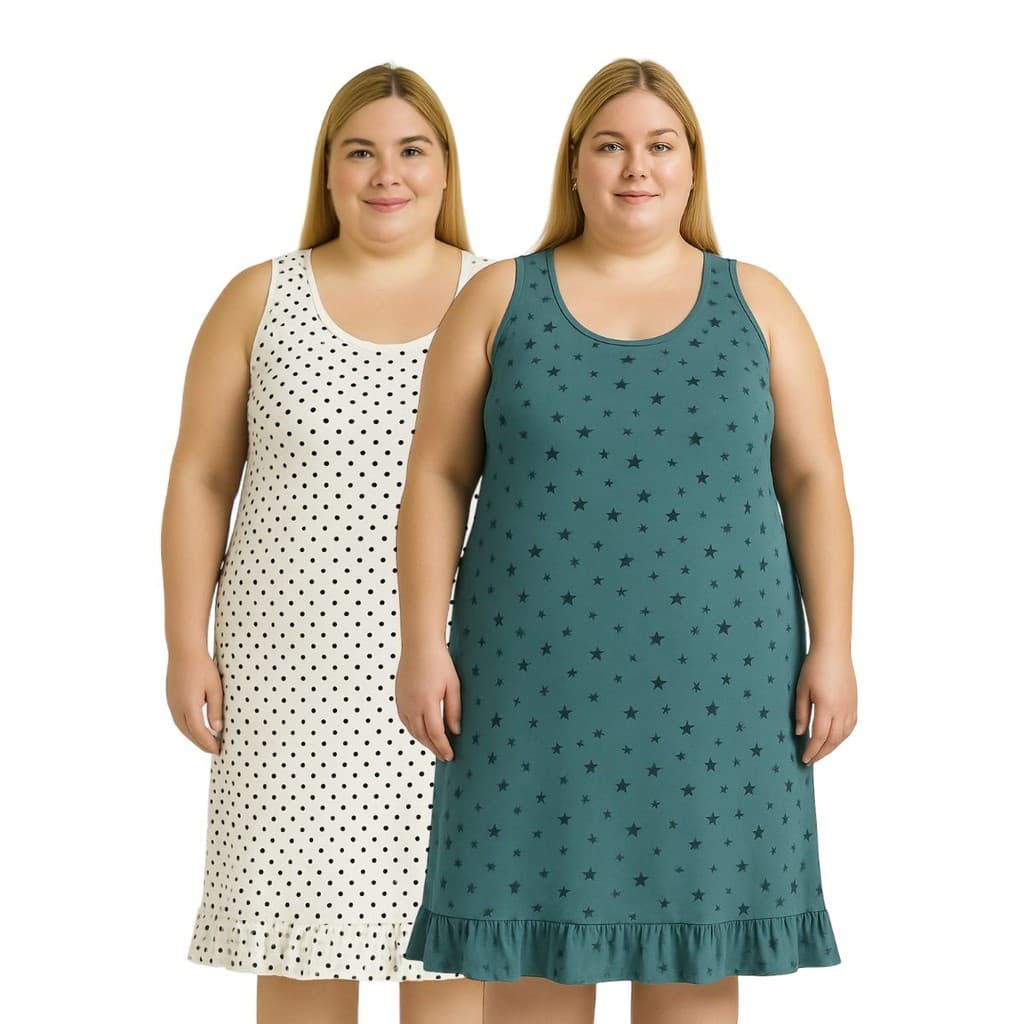 Kit 2 Camisola Camiseta Regata Pijama Malha Estampada Senhora Até o Plus Size