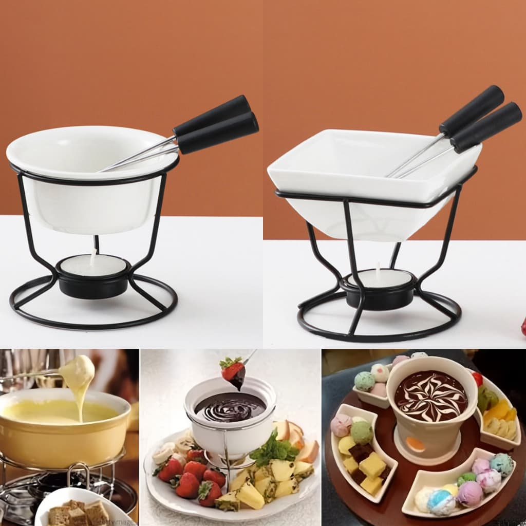 Kit Conjunto De Fondue Panela Cerâmica Antiaderente Chocolate Queijo Carne 2 Pessoas