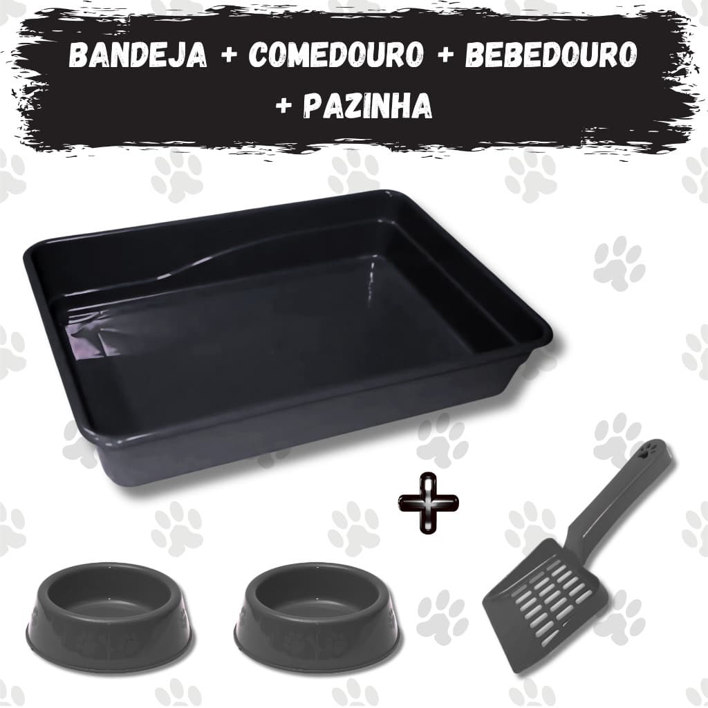 Kit Caixa de Areia para Gatos Bandeja Higiênica + Comedouro + Bebedouro + Pazinha