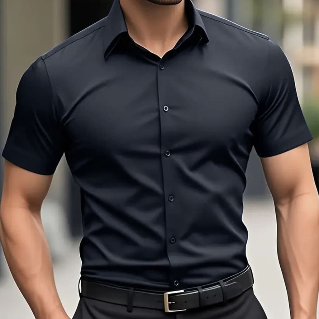 Camisa Social Masculina Slim Fit com Elastano – Manga Curta e Sem Amassados