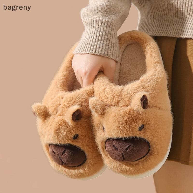 [bagreny] Chinelos De Capivara De Pelúcia Dedo Fechado Bonitos Sapatos De Casa Confortáveis Caminhada Peludos Antiderrap