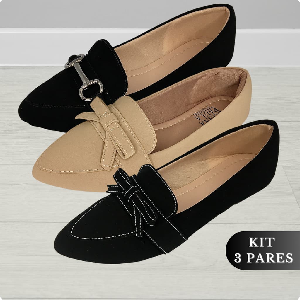 Kit Sapatilha Feminina 3 Pares Bico Fino Mocassim Feminino Rasteirinha Casual Sapato Feminino Social Moda Confortável