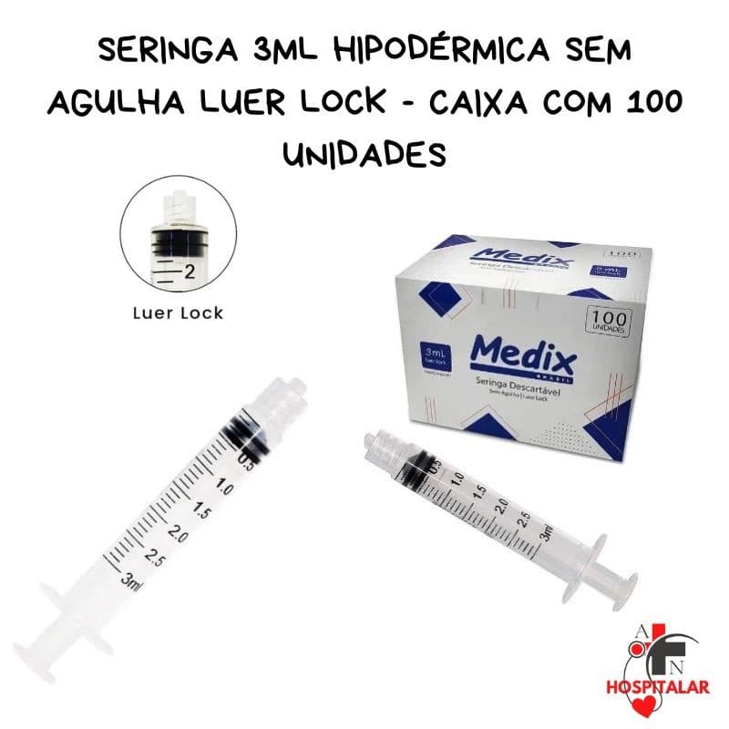 Seringa 3ml Hipodérmica sem Agulha Luer Lock - Caixa com 100 unidades