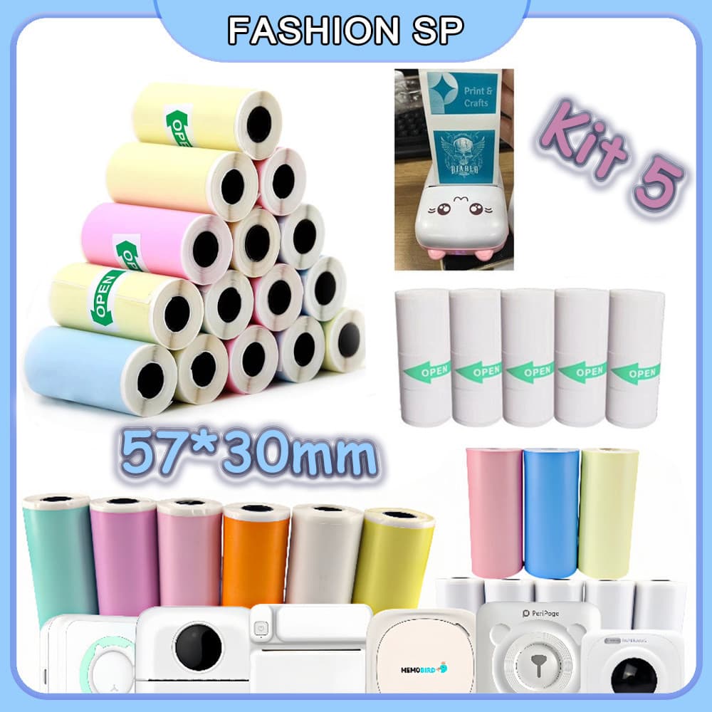 Kit De 5 Rolos De Mini Impressora Térmica, Adesivos De Etiqueta, Papel Adesivo Colorido 57 × 30mm