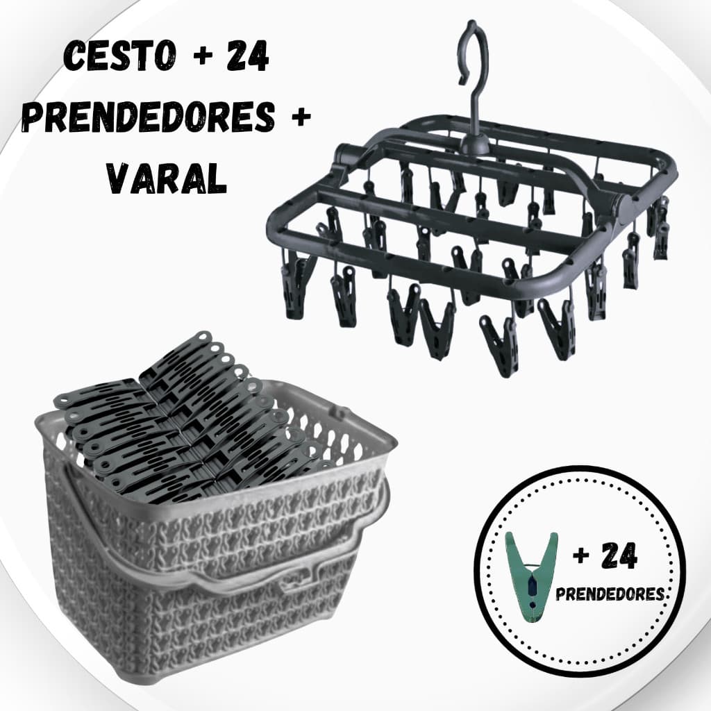 Kit Lavanderia PREMIUM Varal Roupas Íntimas PRETO + Cesto Multiuso CINZA + 24 Prendedores PRETO