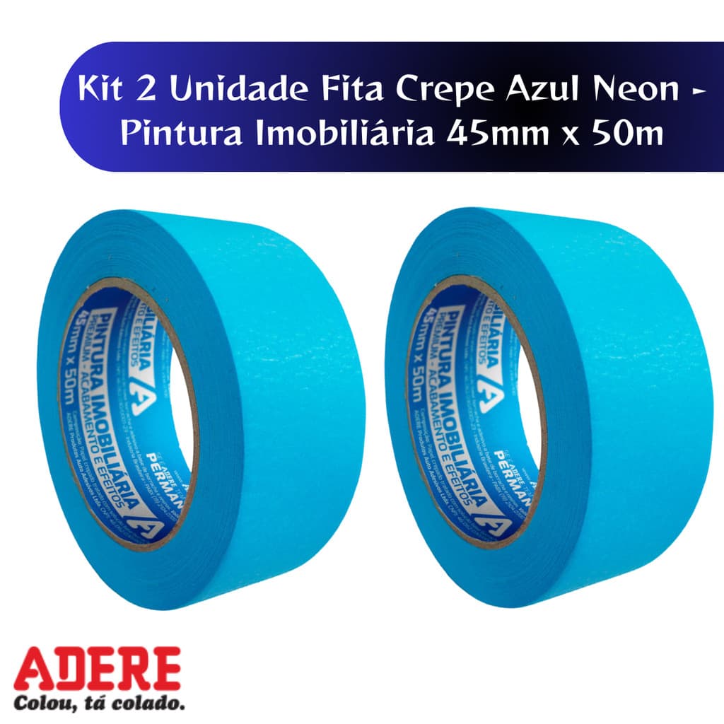 Kit 2 Unidades Fita Crepe Pintura Imobilíaria Azul Neon Premium 45mm X 50m Adere