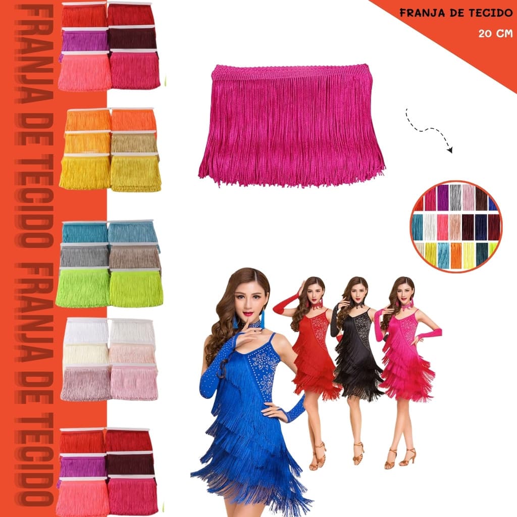 Franja de Tecido Acetinado - 20 cm - Grade de Cores - Rolo C/10 Mts