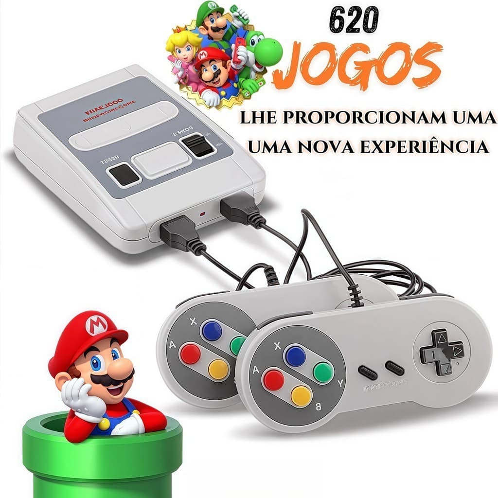 Super Nintendo Mini SNES clássico de videogame, com 2 controles, 8 bits e 620 jogos originais