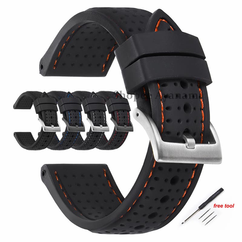 20mm 22mm 24mm Preto Silicone Pulseira De Relógio Respirável À Prova Dwaterproof Água Costura De Borracha Macia Feminino