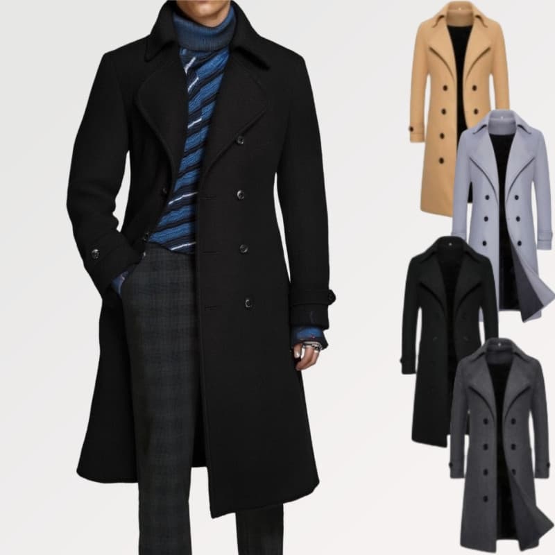 Casaco Longo Masculino Com Lapela Entalhe Duplo Breasted , Sobretudo Casual De Inverno , De Lã Para Homens