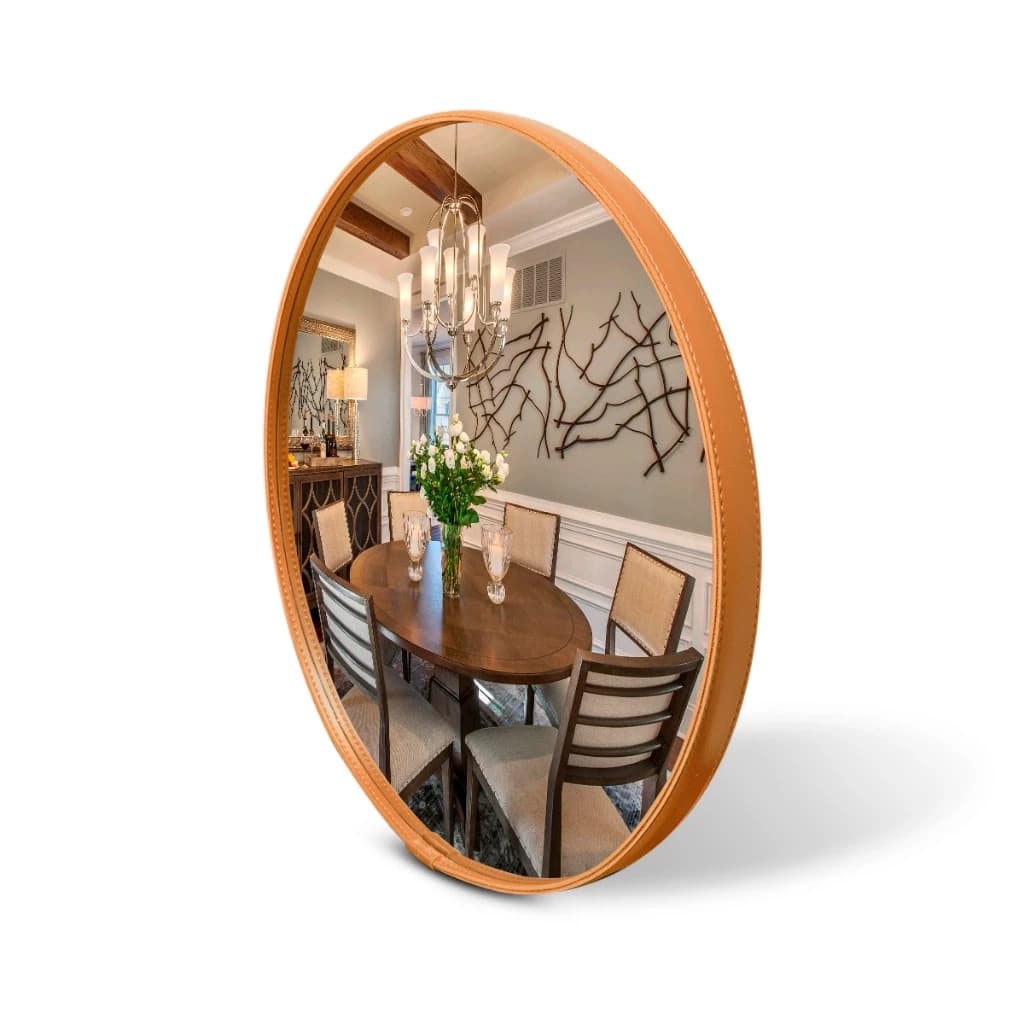 Espelho 60cm Adnet Couro Decorativo Redondo Com Suporte para Parede