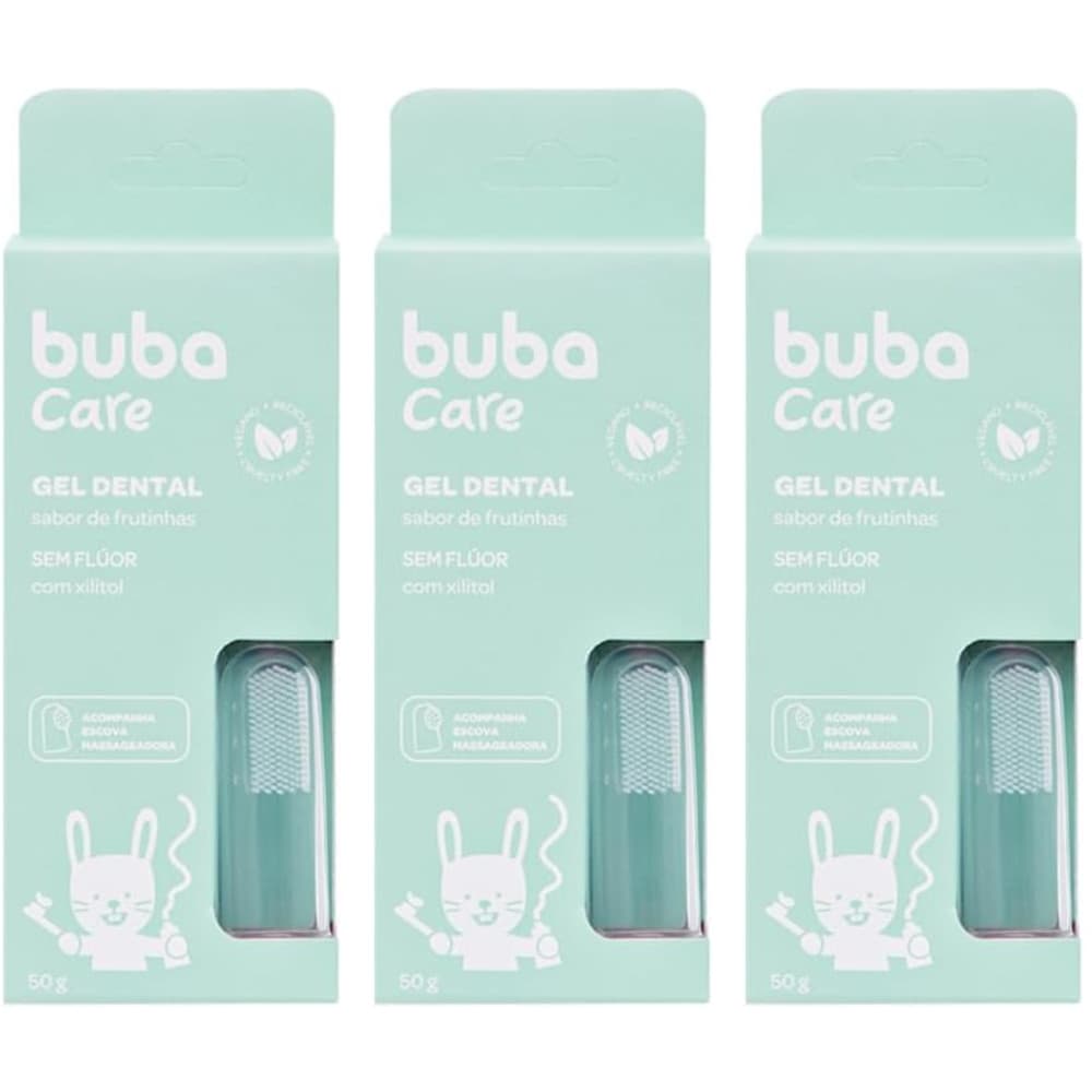 KIT C/ 3UN GEL DENTAL BUBA CARE SEM FLÚOR ACOMPANHA ESCOVA MASSAGEADORA