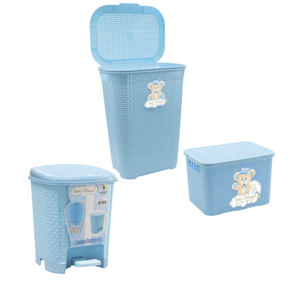 Kit Organizador Baby Cesto 30L Cesto 3,5L Lixeira 6L Azul