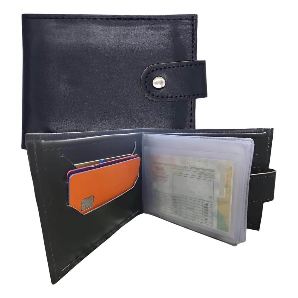 Carteira Masculina Em Couro Porta Cartoes Rg Moedas Cédulas CRLV botão