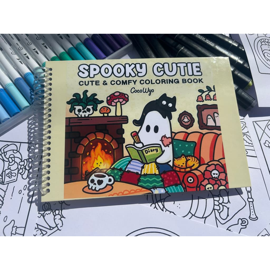 Livro de Colorir Spooky Cute Capa Dura Espiral A5 Comfy Estilo Halloween Fofo Relaxante