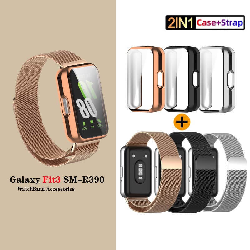 Para Samsung Galaxy Fit 3 Cinta + Caso Milanês Aço Inoxidável Fivela Magnética Banda Fit3 SM-R390 Pulseira De Pulso