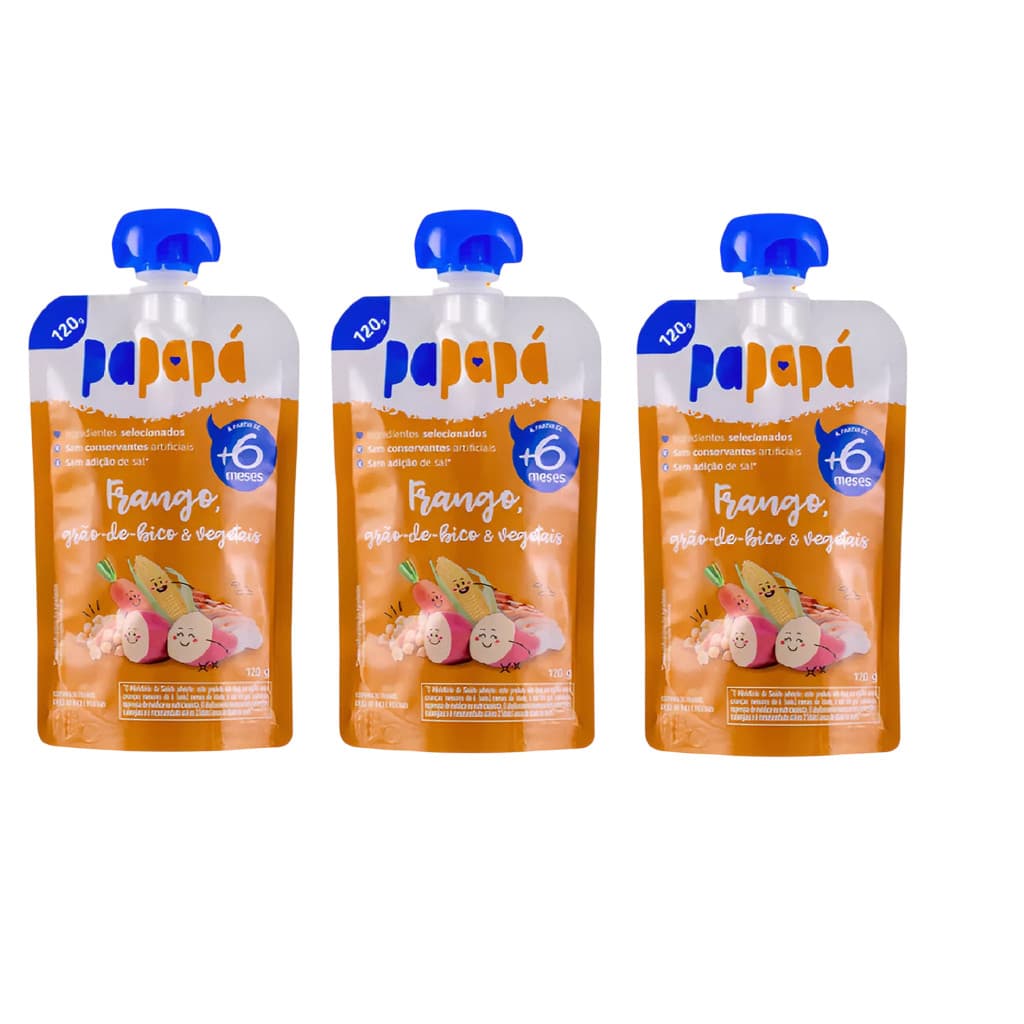 Kit 3x Papinha Papapá Frango Grão Vegetais Squeeze 120g