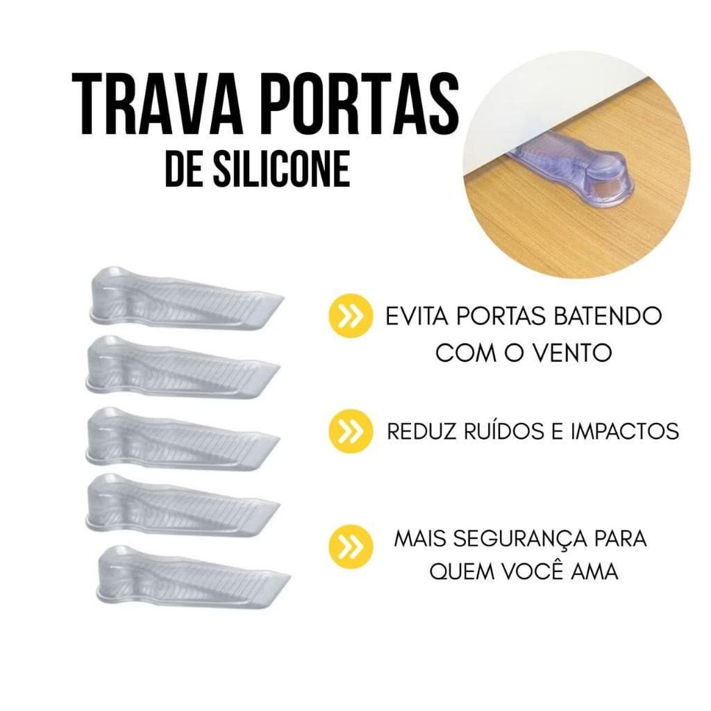 Trava Porta Kit com 5 Aparador Prendedor Peso De Silicone Transparente Calço Prático Segura