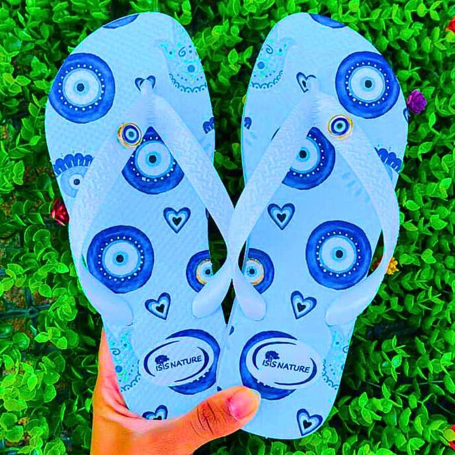 Chinelo Feminino Olho Grego Proteção Boa Sorte Hamsá Azul 2026 Promo