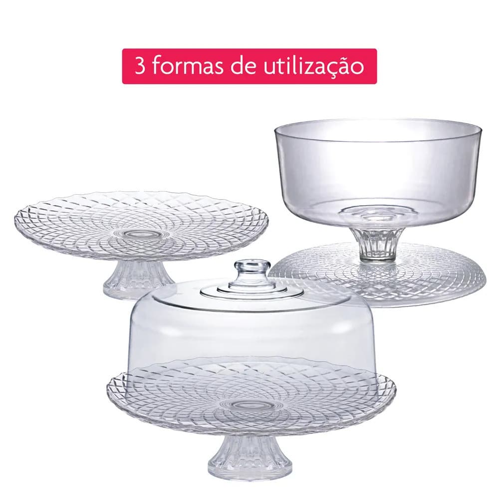 Boleira de Vidro com Tampa em Acrílico 3x1 - Suporte para Bolo com Pé - Diamond Viena