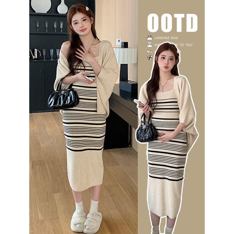 Maternidade primavera vestido 2026 novo estilo terno estilo ocidental outono inverno moda listrado estilo preguiçoso con