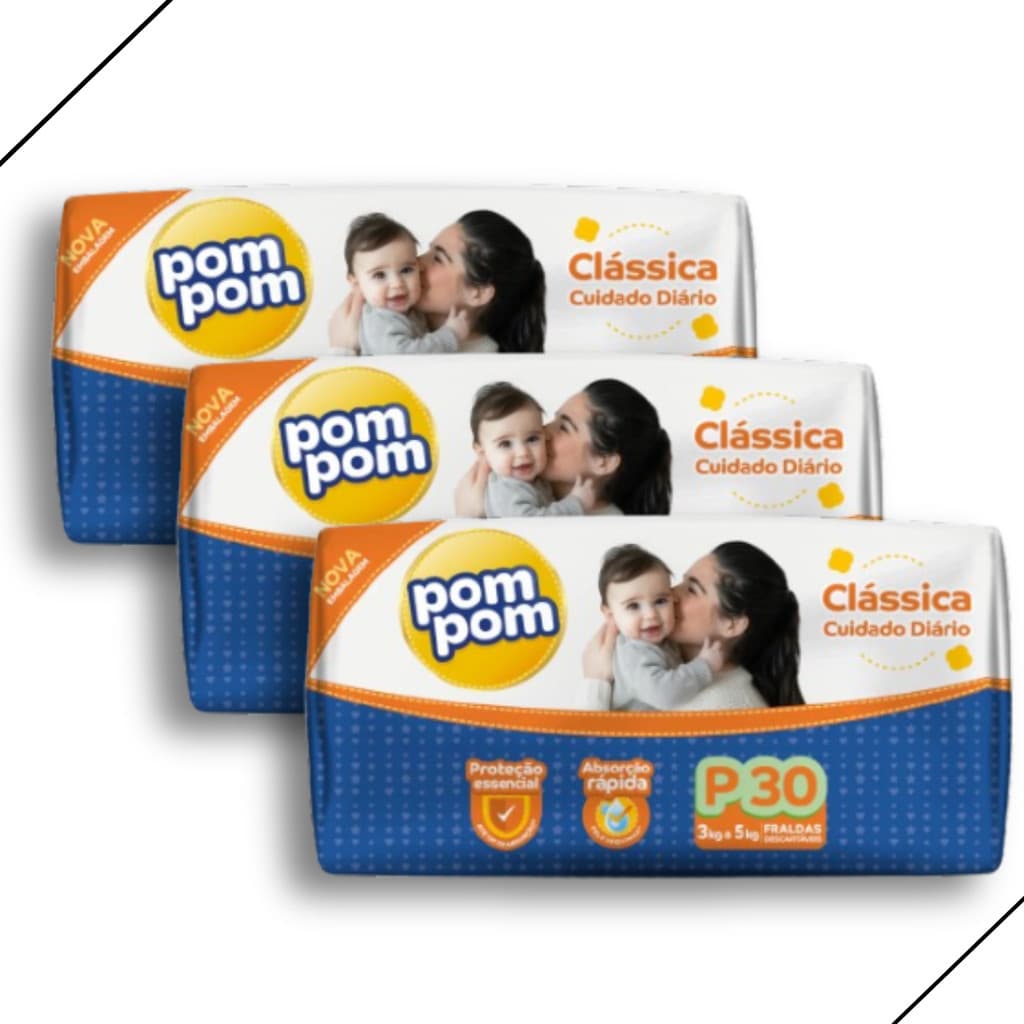 Kit 3 Fralda Descartável Pom Pom Clássica Jumbo Tamanho P - Total 90 Unidades