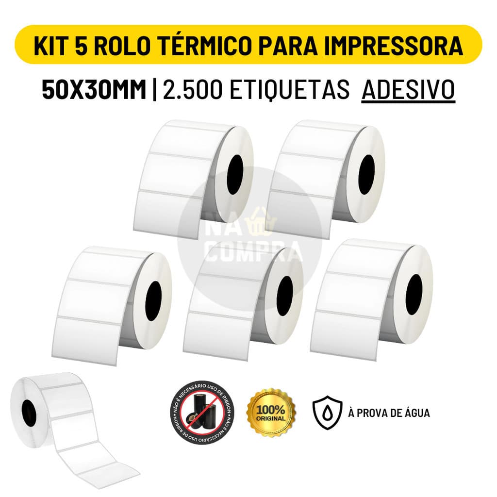 Kit 5 Rolo Etiqueta Adesiva 50x30mm 5x3cm (1 coluna) Impressora Térmica 2500 Etiquetas