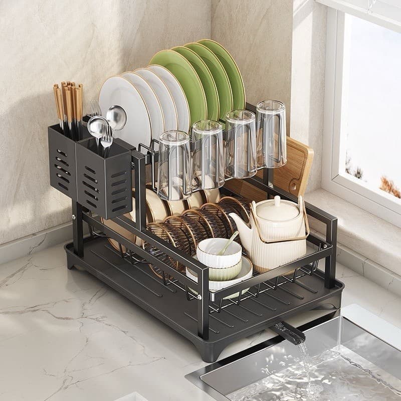 Escorredor de Louças 2 Níveis Aço Carbono Preto Organizador De Pia Com Bandeja