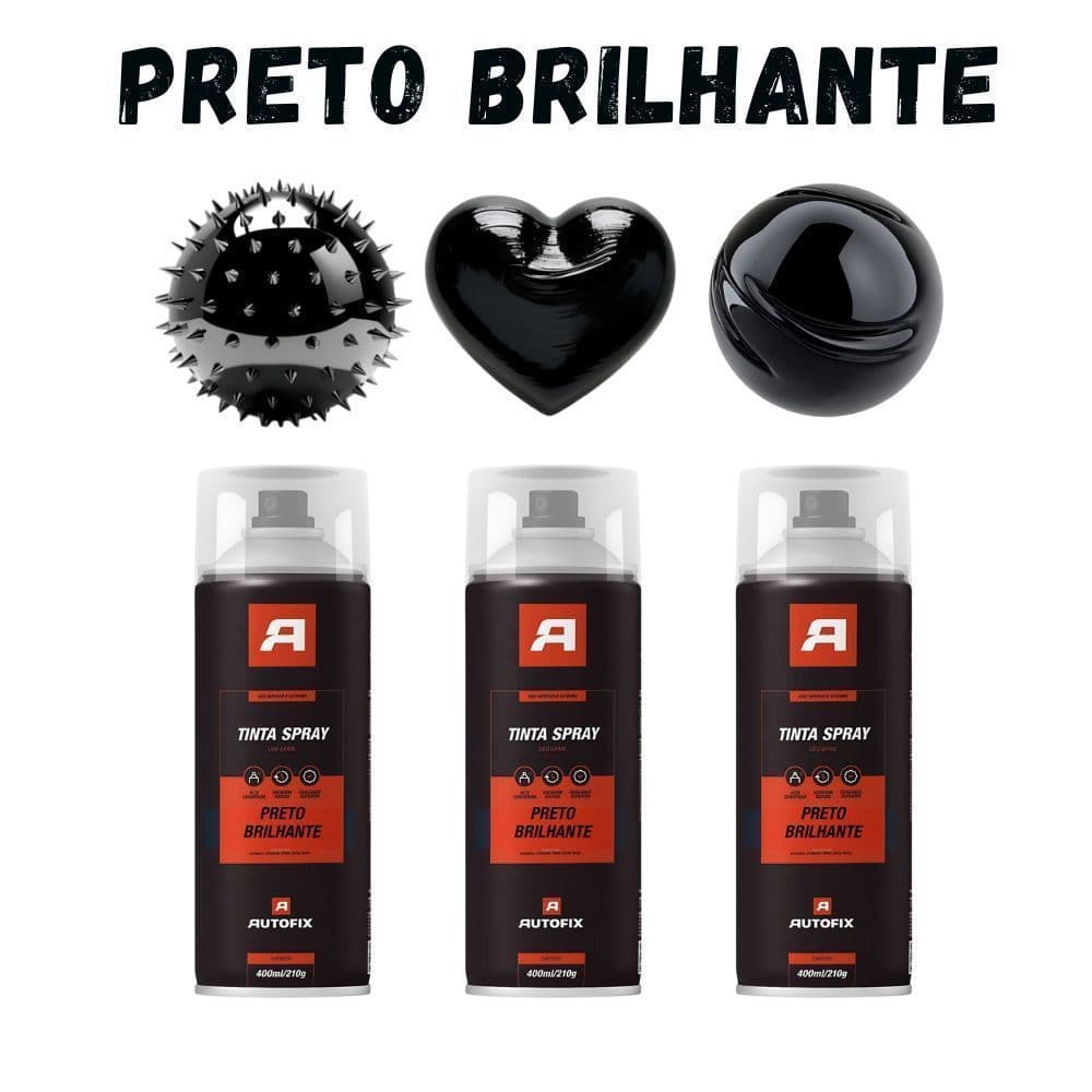 Kit 3 Tinta Sprays de pintura Uso Geral 400ml - Autofix 400ml / 210g - Preto Brilhante