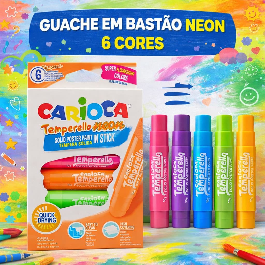 Guache em Bastão Neon 6 Cores Temperello Carioca Colorido Lavável Atóxica para Pintura Infantil Escolar
