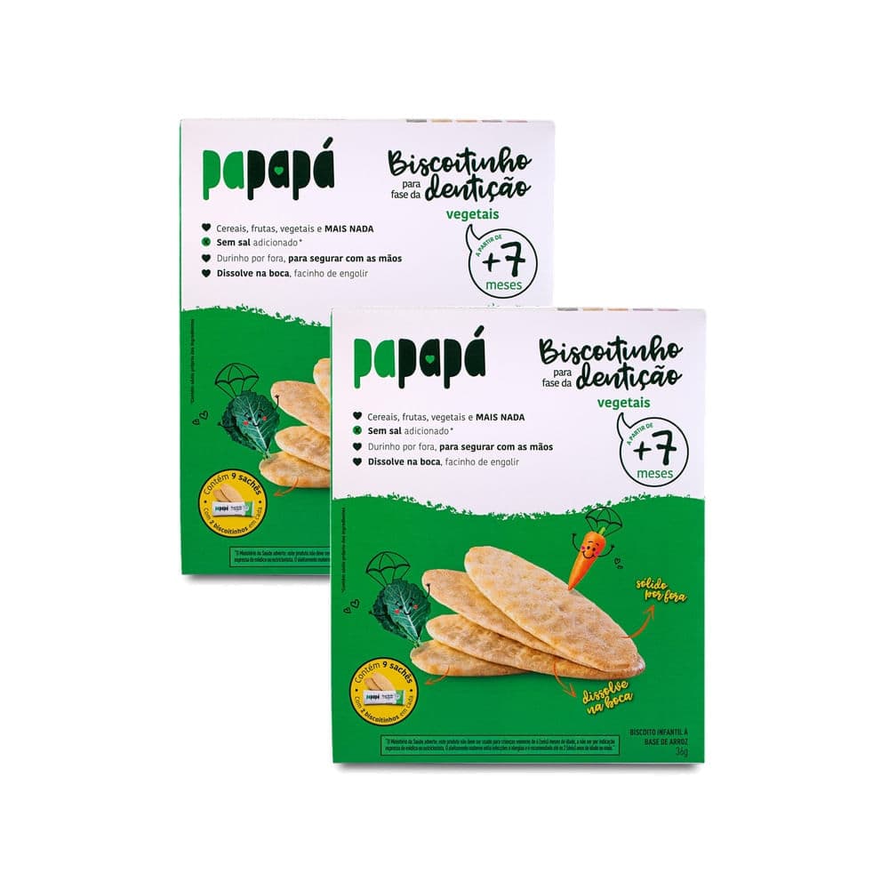 Kit 2 Biscoitinho para Fase da Dentição a Base de Arroz Papapá 7+ Meses Vegetais sem Glúten 36g