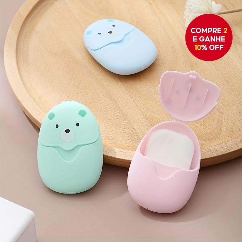  50 unidades de sabonete em folhas portáteis e compactas, mini sabonetes em papel, sabonete fofo em formato de ursinho