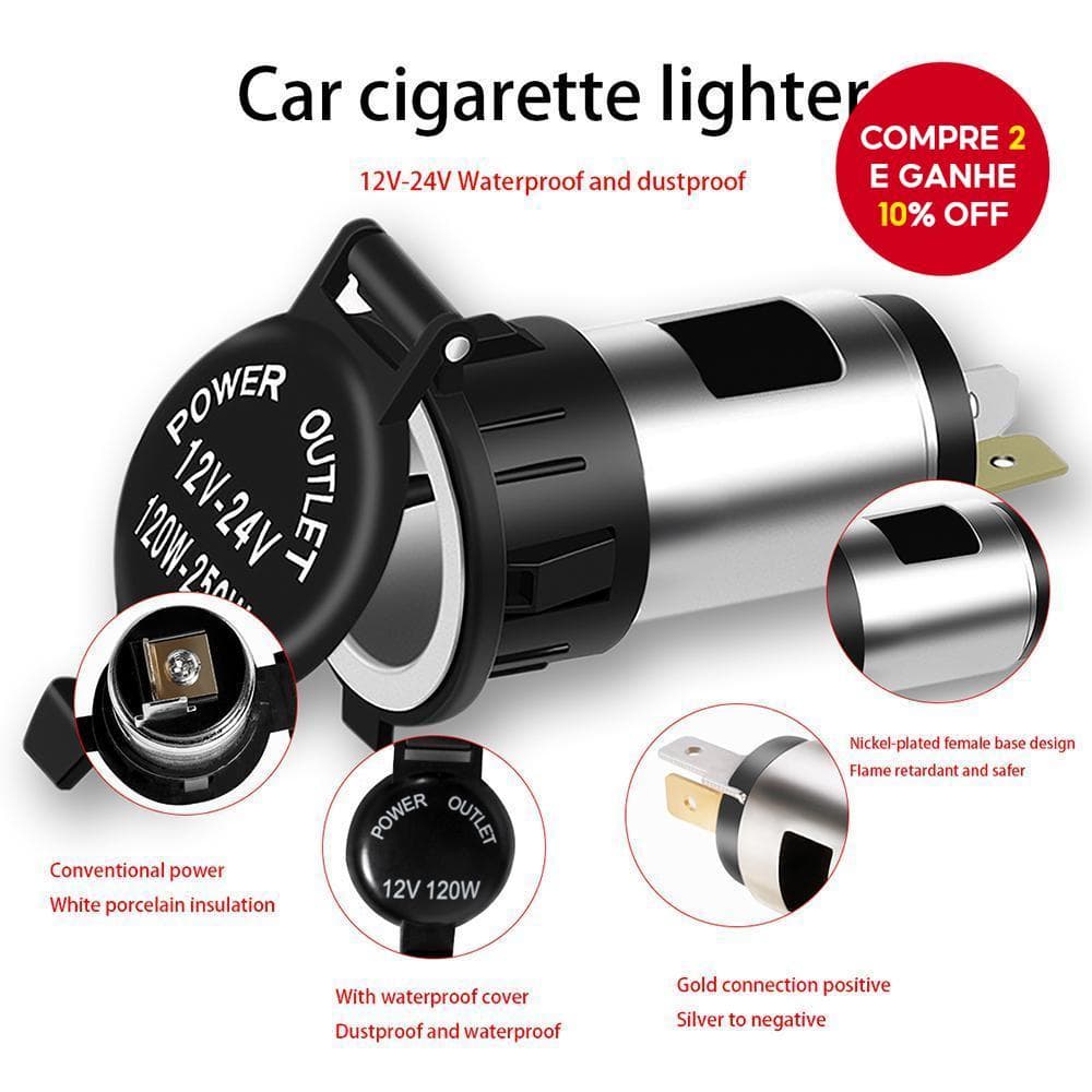 Novo Soquete de Saída de Energia Fêmea à Prova d'Água de 12V para Carro, Lighter de Cigarro, Plugue de Energia para