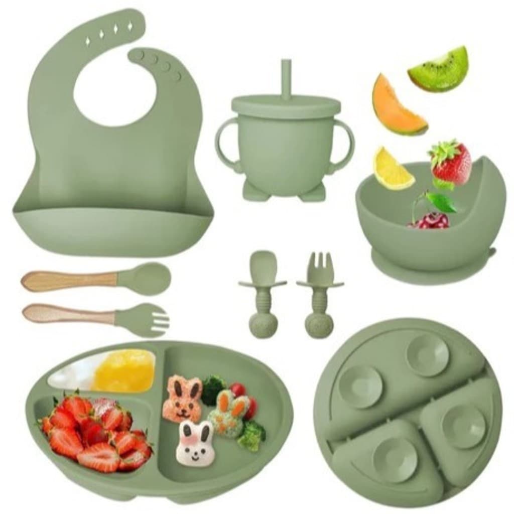 Kit 8pçs Talheres de Silicone p/ Bebê c/ Ventosa, Colher, Garfo, Canudo e Babador Infantil