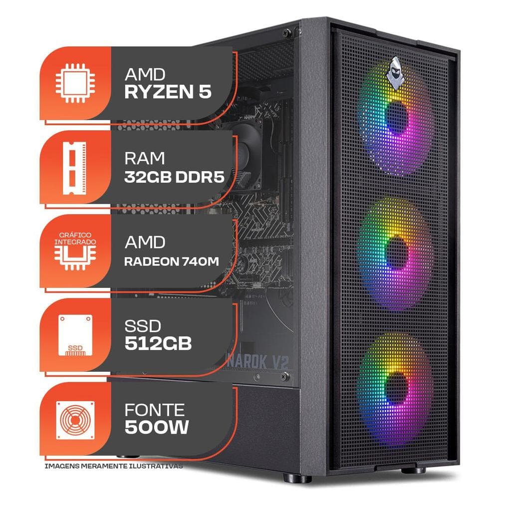 PC Gamer Forge, AMD Ryzen 5 8500G, 32GB DDR5, SSD M.2 512GB, Fonte 500W 80 Plus