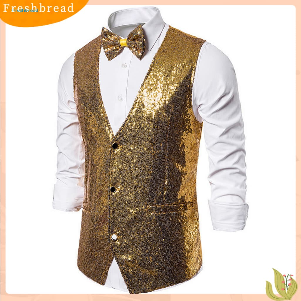 Elegant Solid Color Men Vest Polyester Suit Men's Sequin Bow Tie Set Slim Fit Sleeveless Waistcoat Single-breasted V-nec