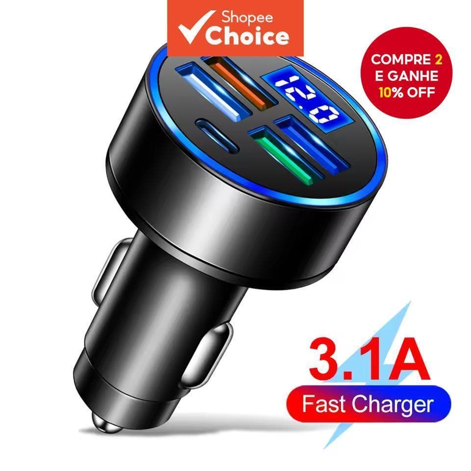  100W Carregador Veicular 4USB QC3.0 PD Tipo-C Display Digital Carregador de Energia Veicular 3.1A com Detecção de