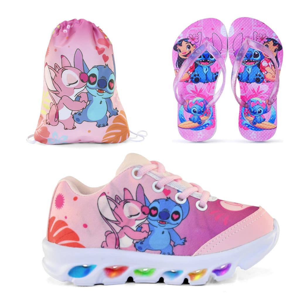 Kit Tênis de Led Mochila e Chinelo Infantil Stitch Divertido e Uso Escolar