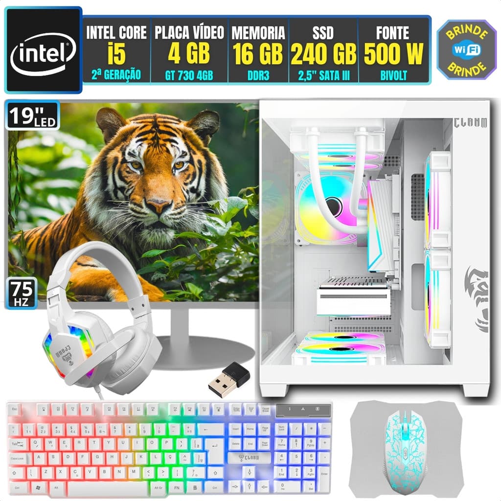PC Gamer Computador Completo Intel i5 16GB SSD 240GB Placa Vídeo 4 Monitor 19 Gabinete Branco Pronto