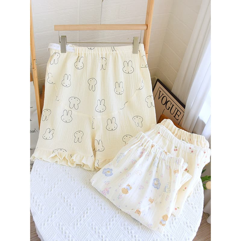 Shorts de maternidade algodão dupla camada gaze confinamento pijama calças cintura ajustável casa calças puro Crepe bebê