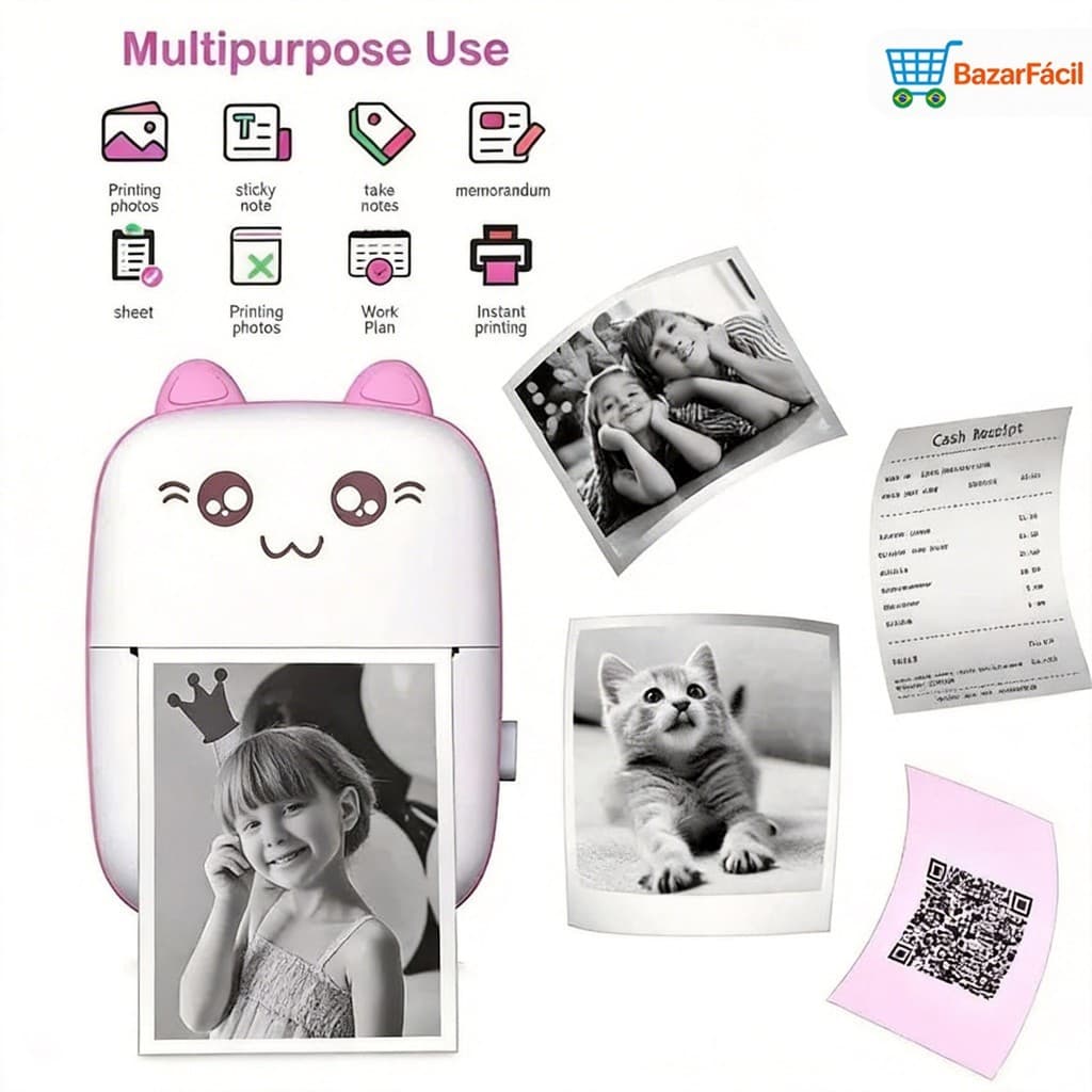 Impressora Térmica Portátil Compacta com Design Animado Impressora Sem Fio para Fotos Compatível +5 Rolo Papel