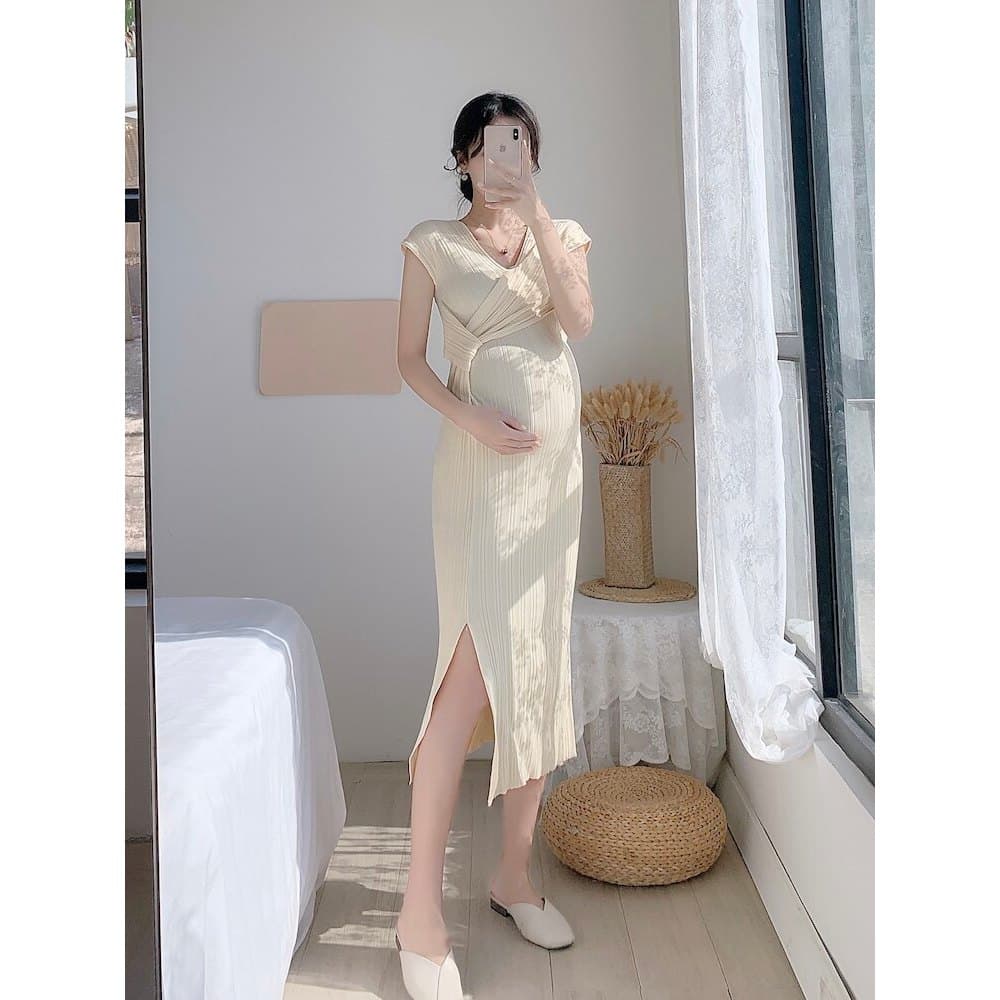 Vestido de verão para maternidade, vestido de malha de seda gelada com decote em v, camiseta de verão, manga curta, temp