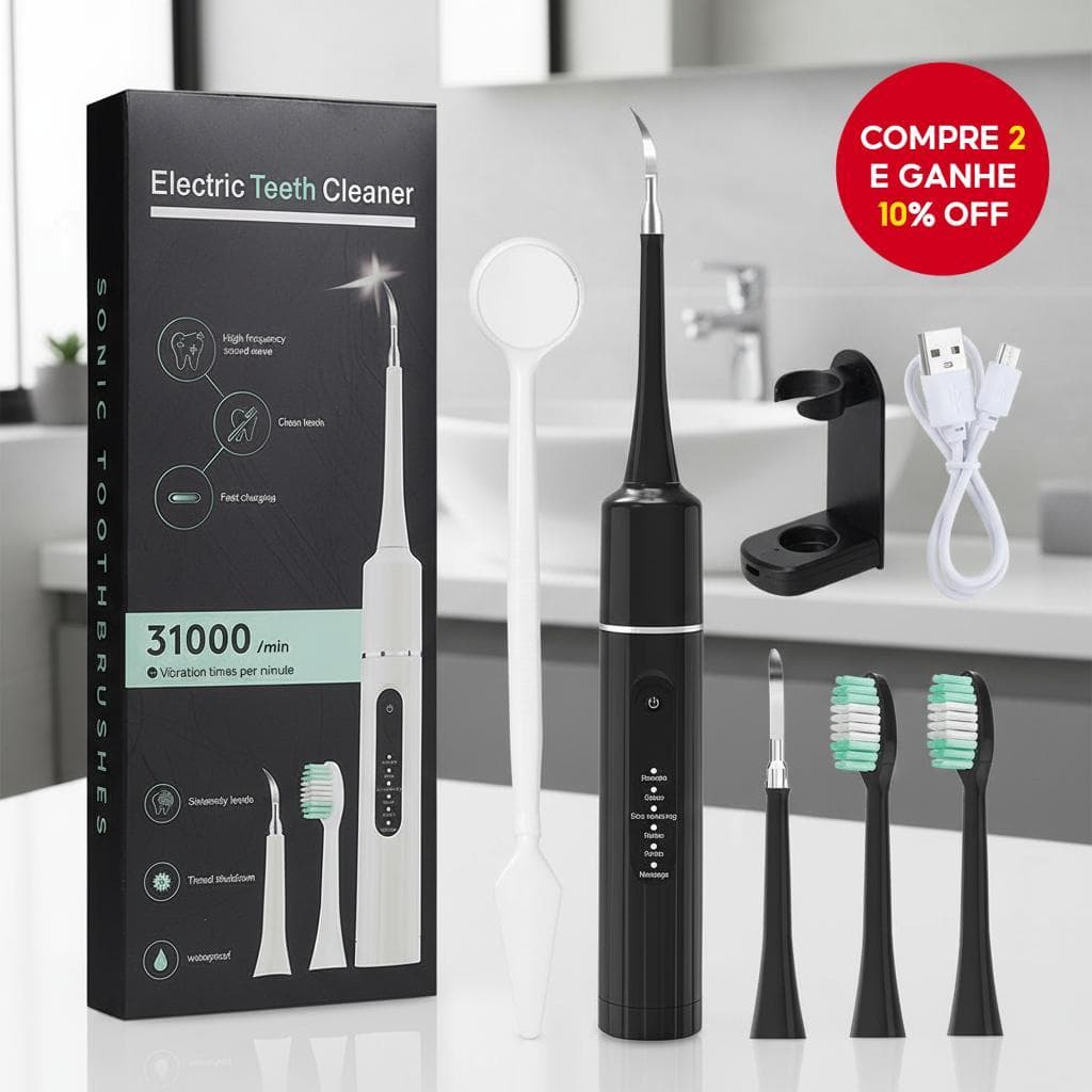  Escova de Dentes Elétrica 2 em 1 para Limpeza dos Dentes e Remoção de Tártaro, 5 Modos Ajustáveis, 2 Cabeças