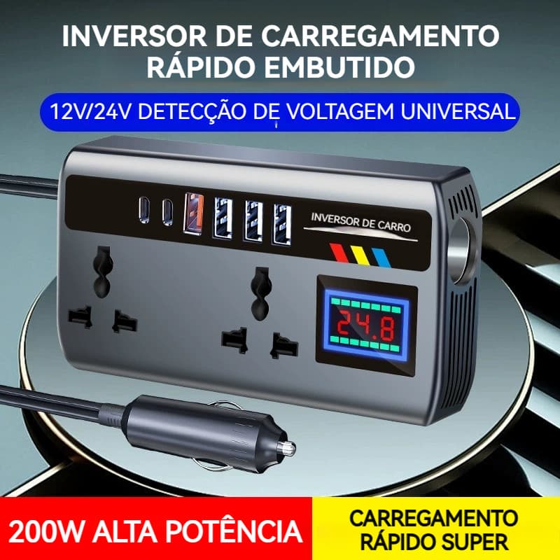 Inversor de Carro 12V 24V Universal para 220V Conversor Inteligente de Carro com 9 Tomadas de Energia
