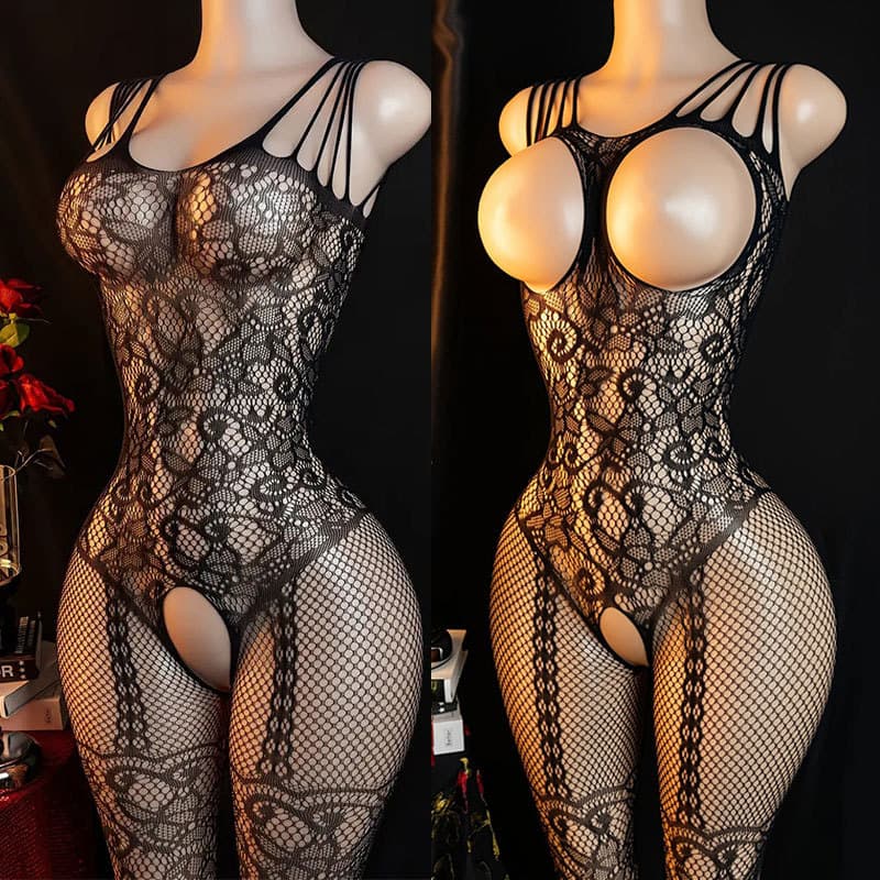 🔥 NOVO 🔥Lingerie Body Feminino Fishnet com Abertura na Virilha e Decote Profundo Lingerie Sexy Super Elástico