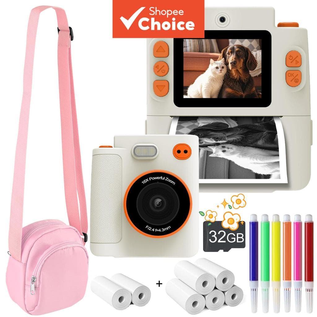 Câmera Digital Premium 1080P HD Selfie Com Impressão Instantânea De Fotos Cartão De 32 Gb 5 Rolos De Papel Acessório Inf