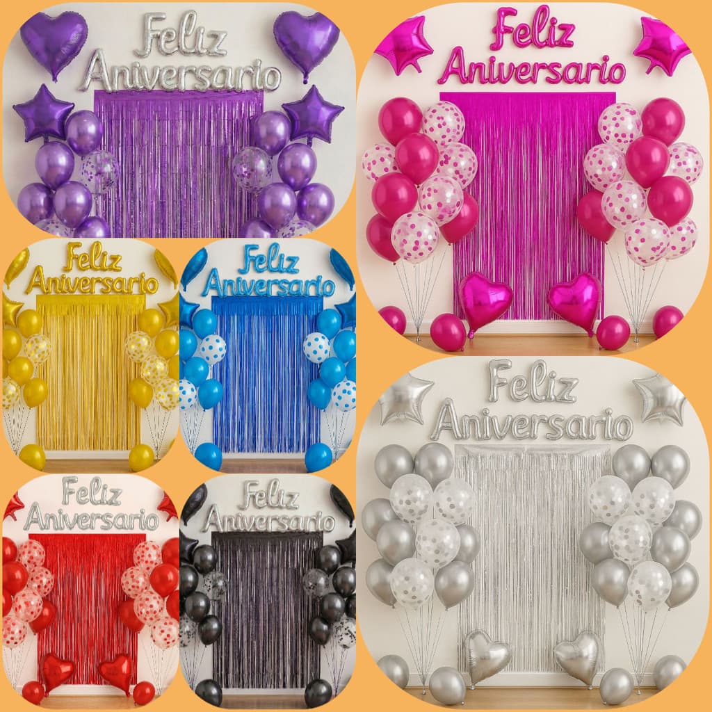 Kit Balões Metalizado Cortina Bexiga Feliz Aniversário Decoração de Festa Completa